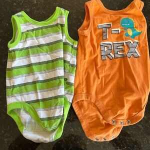Orange T-Rex and Green Striped Baby Onesies